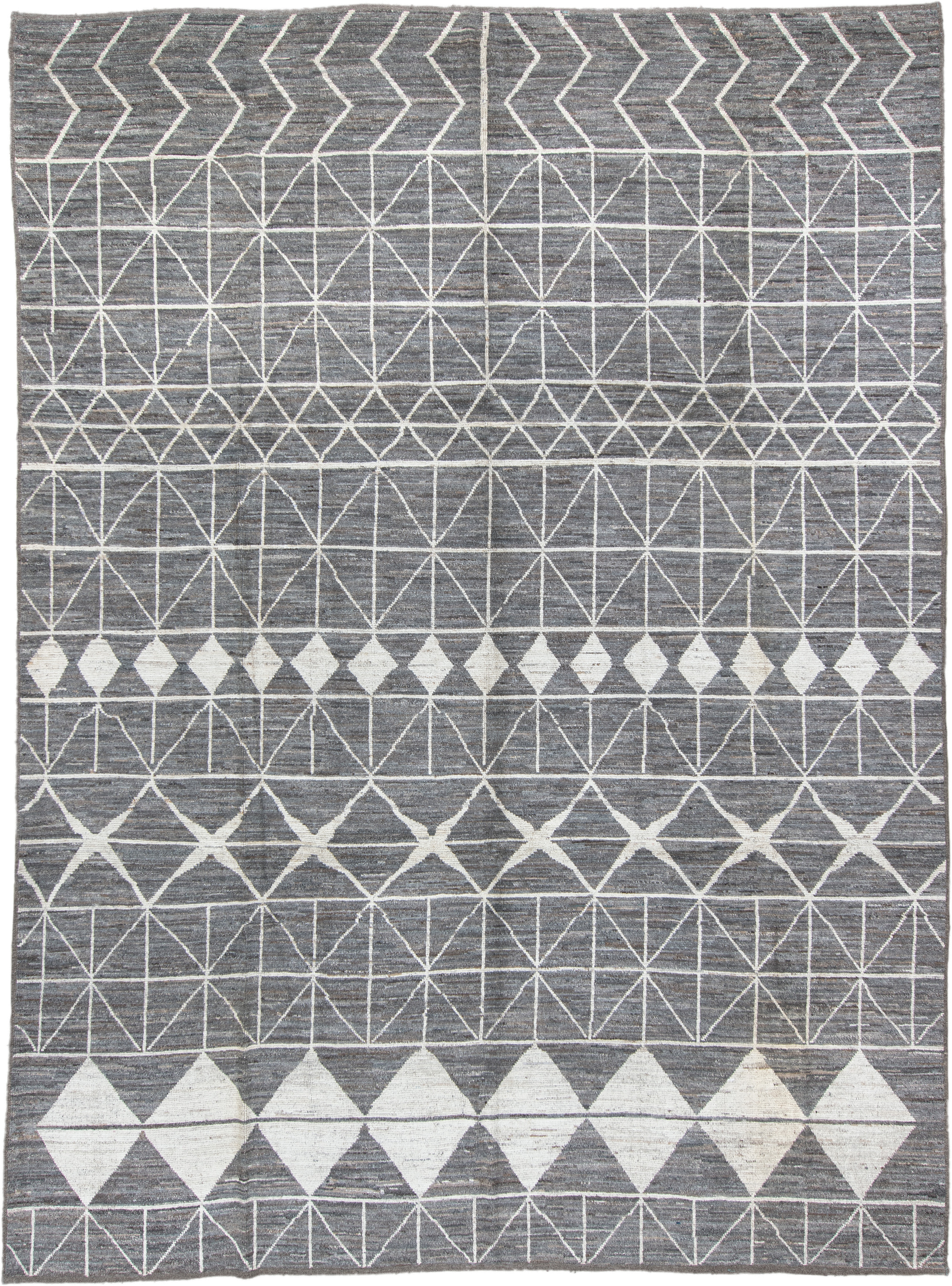 9' x 13' one-of-a-kind handmade vintage Tulu large size rug. Color palette: gray, ivory, charcoal, taupe, black, beige