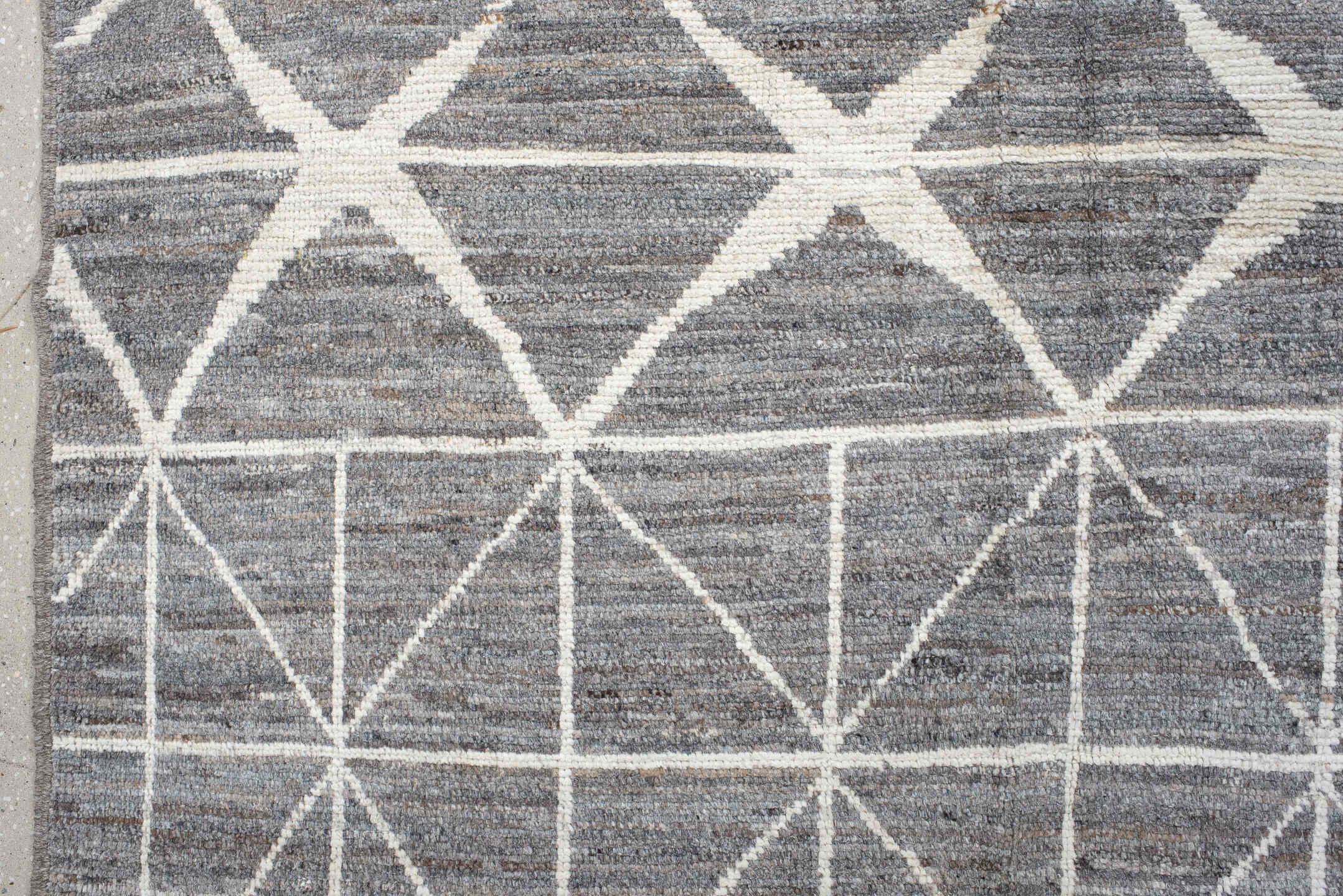 9' x 13' one-of-a-kind handmade vintage Tulu large size rug. Color palette: gray, ivory, charcoal, taupe, black, beige