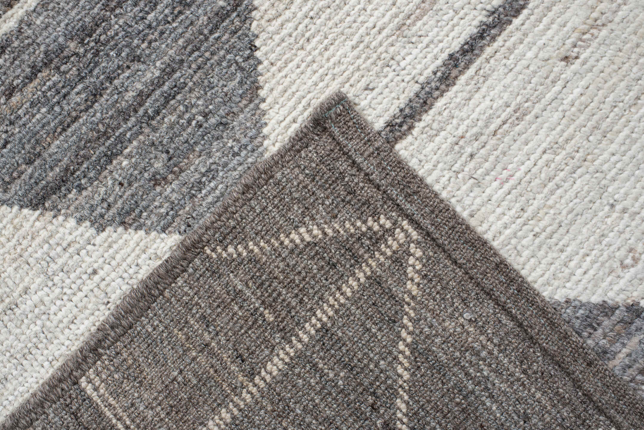 9' x 13' one-of-a-kind handmade vintage Tulu large size rug. Color palette: gray, ivory, charcoal, taupe, black, beige
