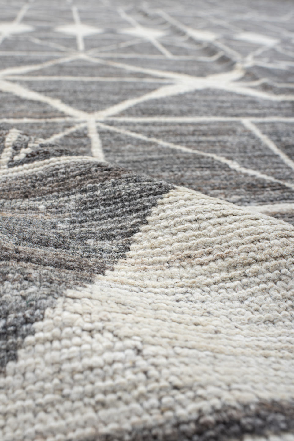 9' x 13' one-of-a-kind handmade vintage Tulu large size rug. Color palette: gray, ivory, charcoal, taupe, black, beige