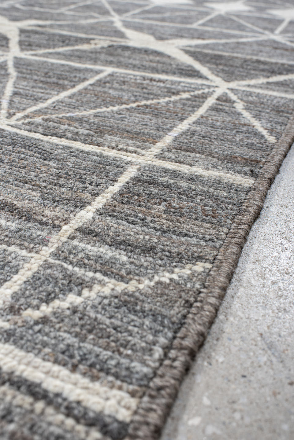 9' x 13' one-of-a-kind handmade vintage Tulu large size rug. Color palette: gray, ivory, charcoal, taupe, black, beige