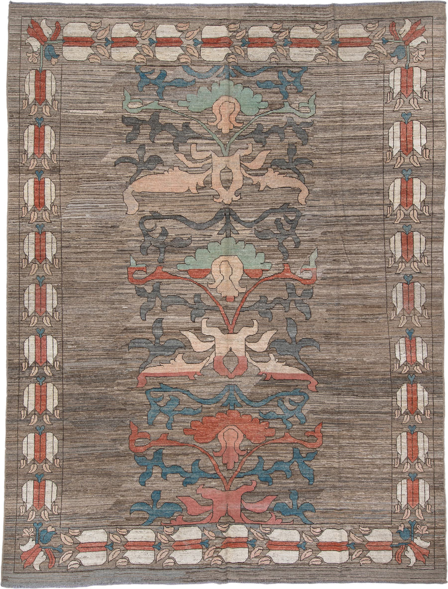 10' x 13' one-of-a-kind handmade vintage Tulu large size rug. Color palette: taupe, ivory, coral, slate, teal, peach, sage