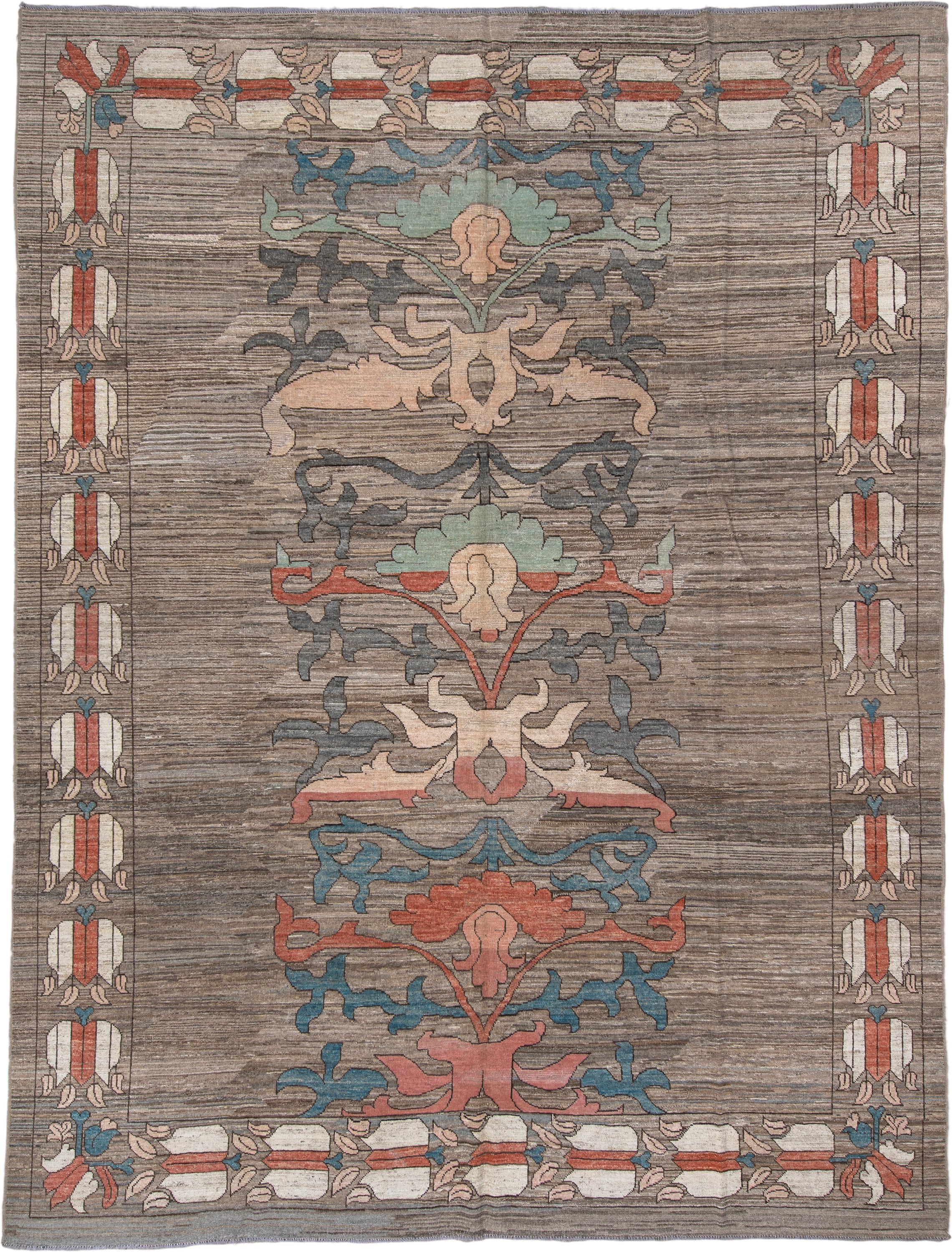 10' x 13' one-of-a-kind handmade vintage Tulu large size rug. Color palette: taupe, ivory, coral, slate, teal, peach, sage