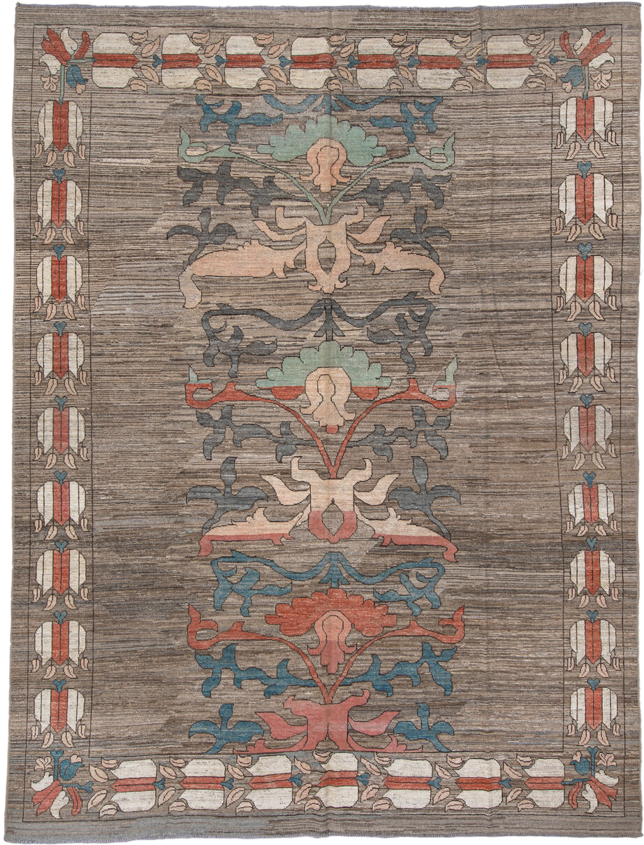10' x 13' one-of-a-kind handmade vintage Tulu large size rug. Color palette: taupe, ivory, coral, slate, teal, peach, sage