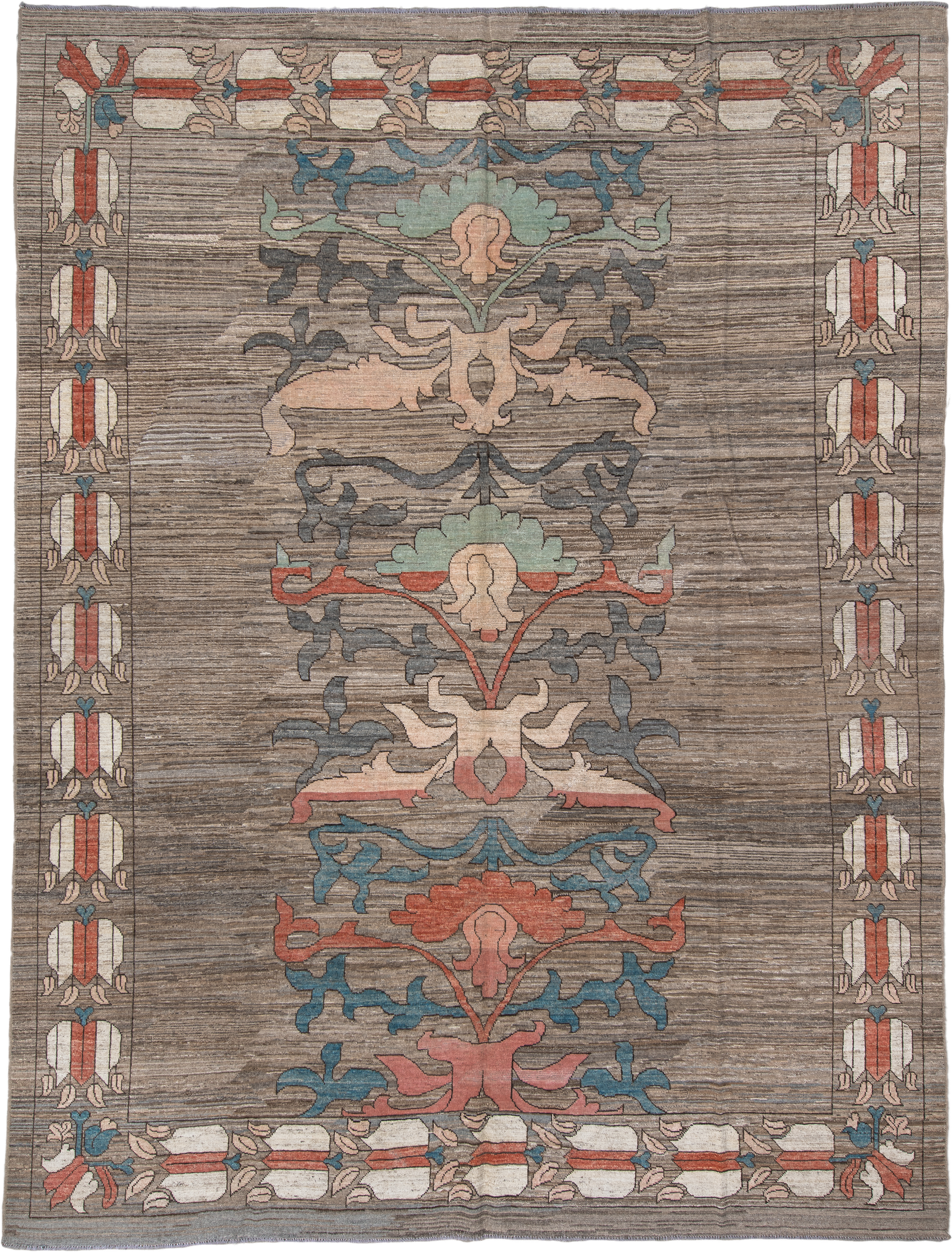 10' x 13' one-of-a-kind handmade vintage Tulu large size rug. Color palette: taupe, ivory, coral, slate, teal, peach, sage