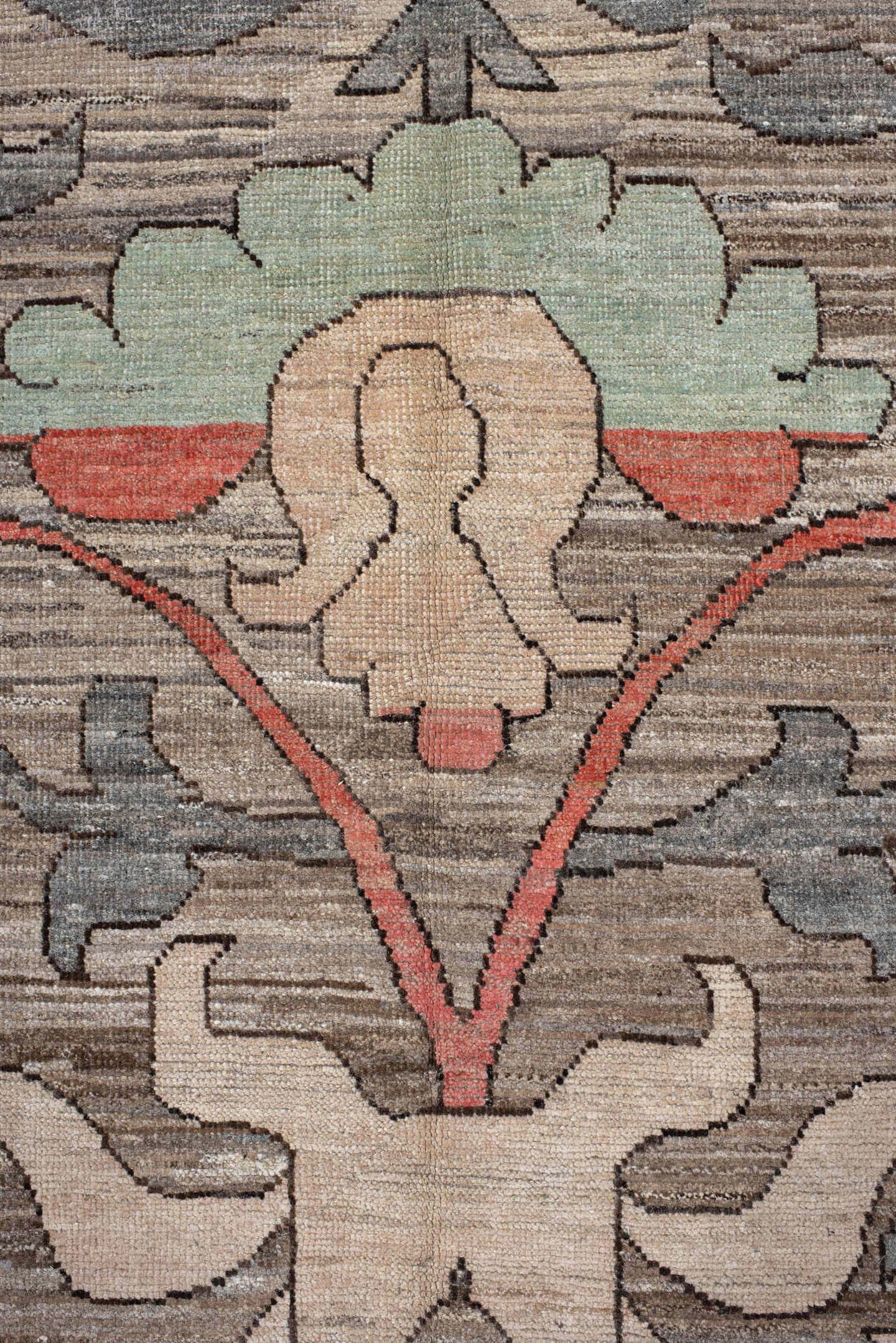 10' x 13' one-of-a-kind handmade vintage Tulu large size rug. Color palette: taupe, ivory, coral, slate, teal, peach, sage