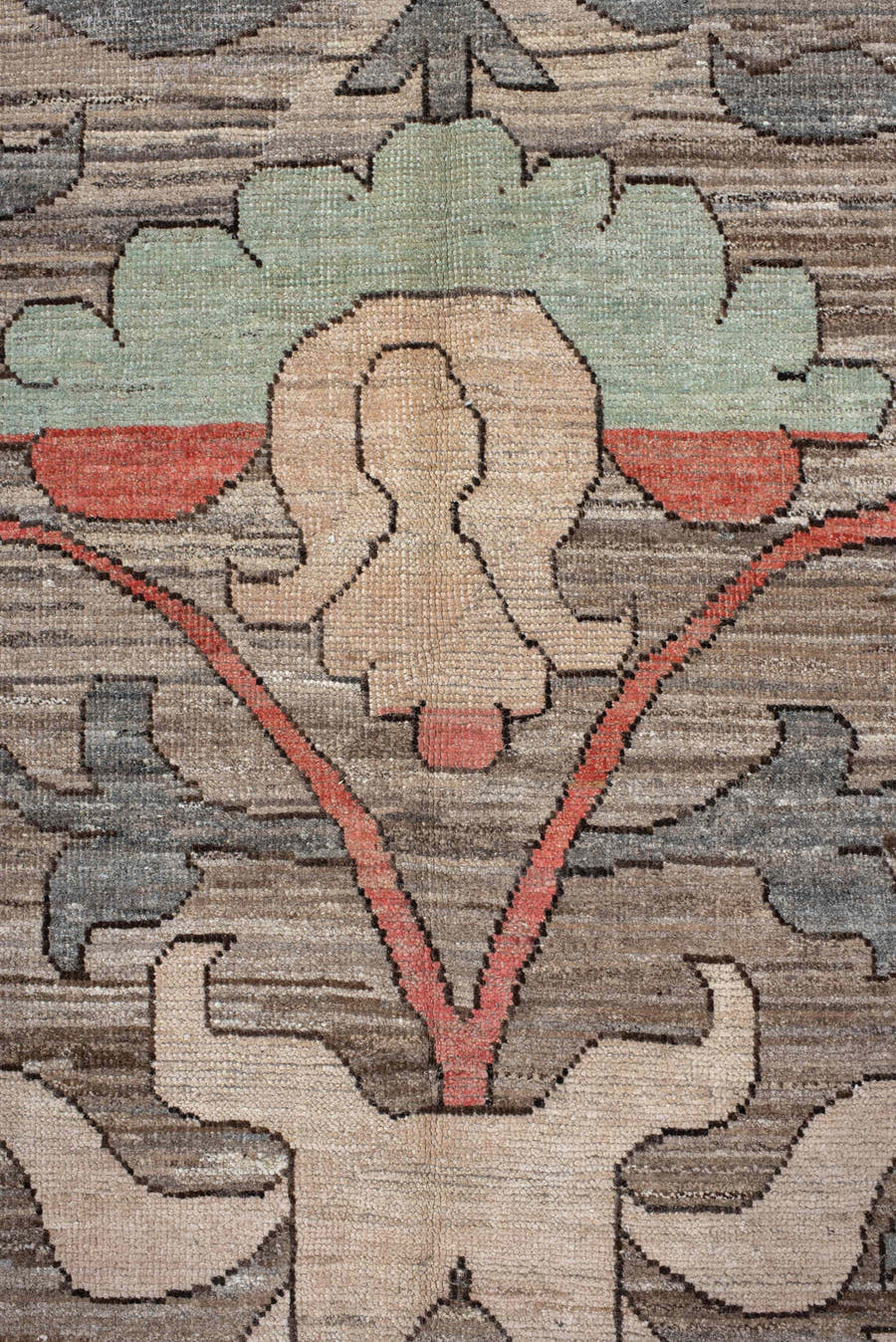 10' x 13' one-of-a-kind handmade vintage Tulu large size rug. Color palette: taupe, ivory, coral, slate, teal, peach, sage