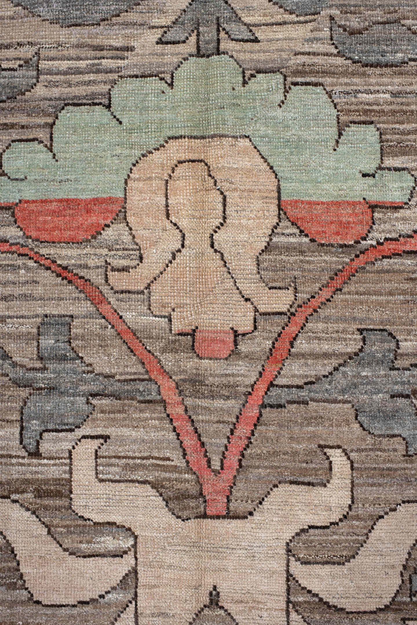 10' x 13' one-of-a-kind handmade vintage Tulu large size rug. Color palette: taupe, ivory, coral, slate, teal, peach, sage