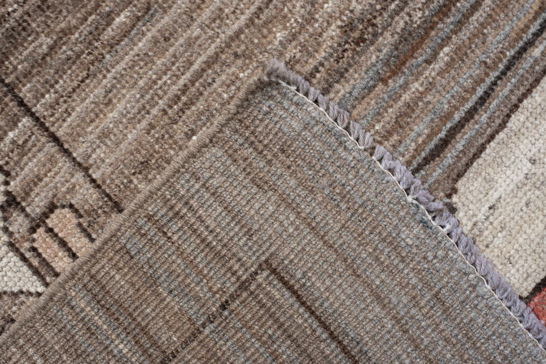 10' x 13' one-of-a-kind handmade vintage Tulu large size rug. Color palette: taupe, ivory, coral, slate, teal, peach, sage