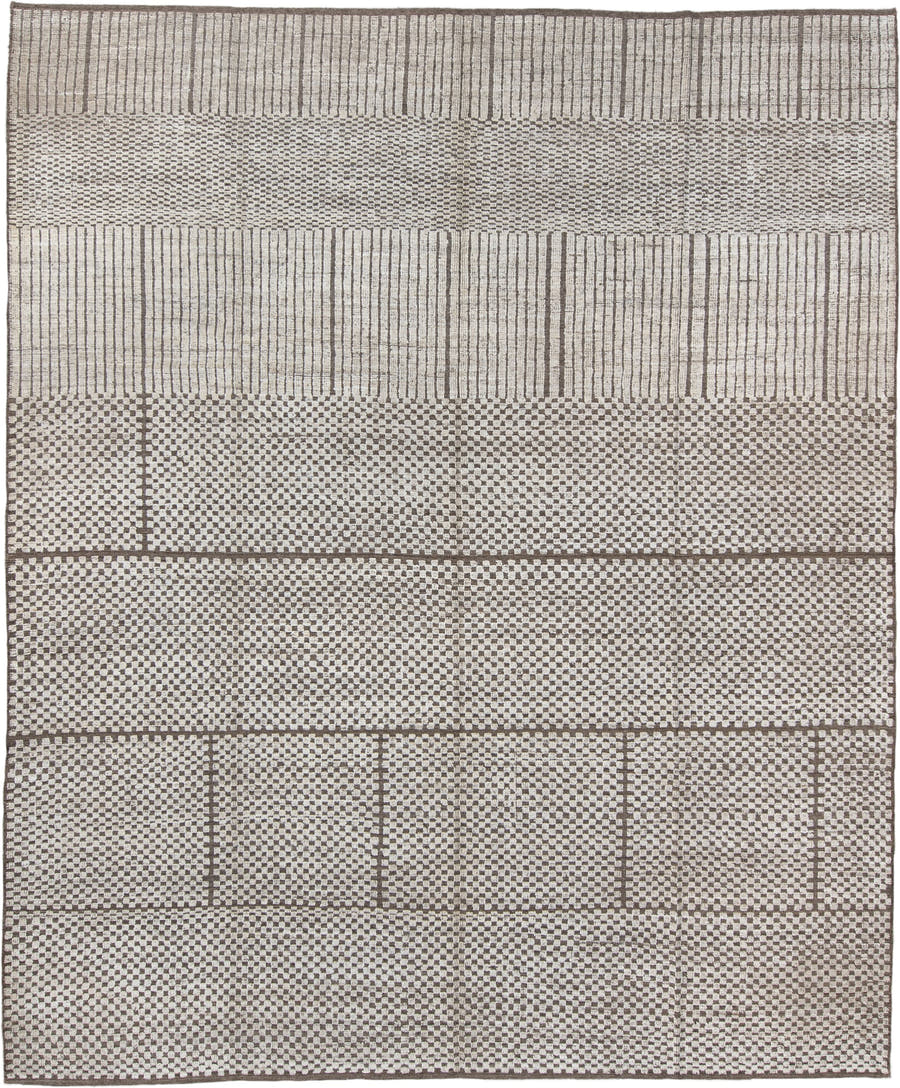 9' x 11' one-of-a-kind handmade vintage Tulu large size rug. Color palette: ivory, taupe, brown, beige, gray