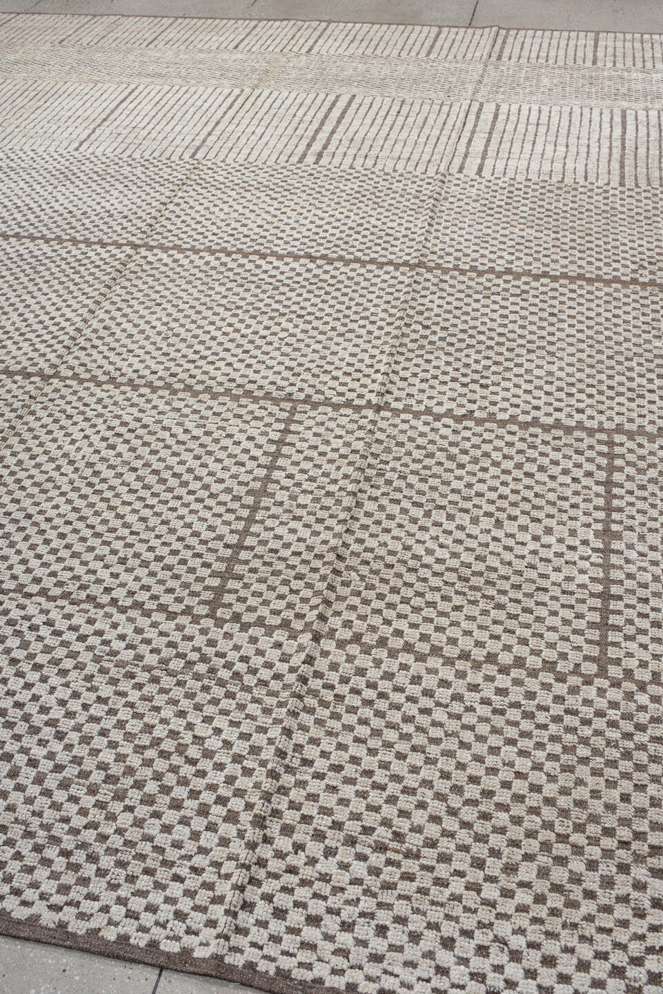 9' x 11' one-of-a-kind handmade vintage Tulu large size rug. Color palette: ivory, taupe, brown, beige, gray