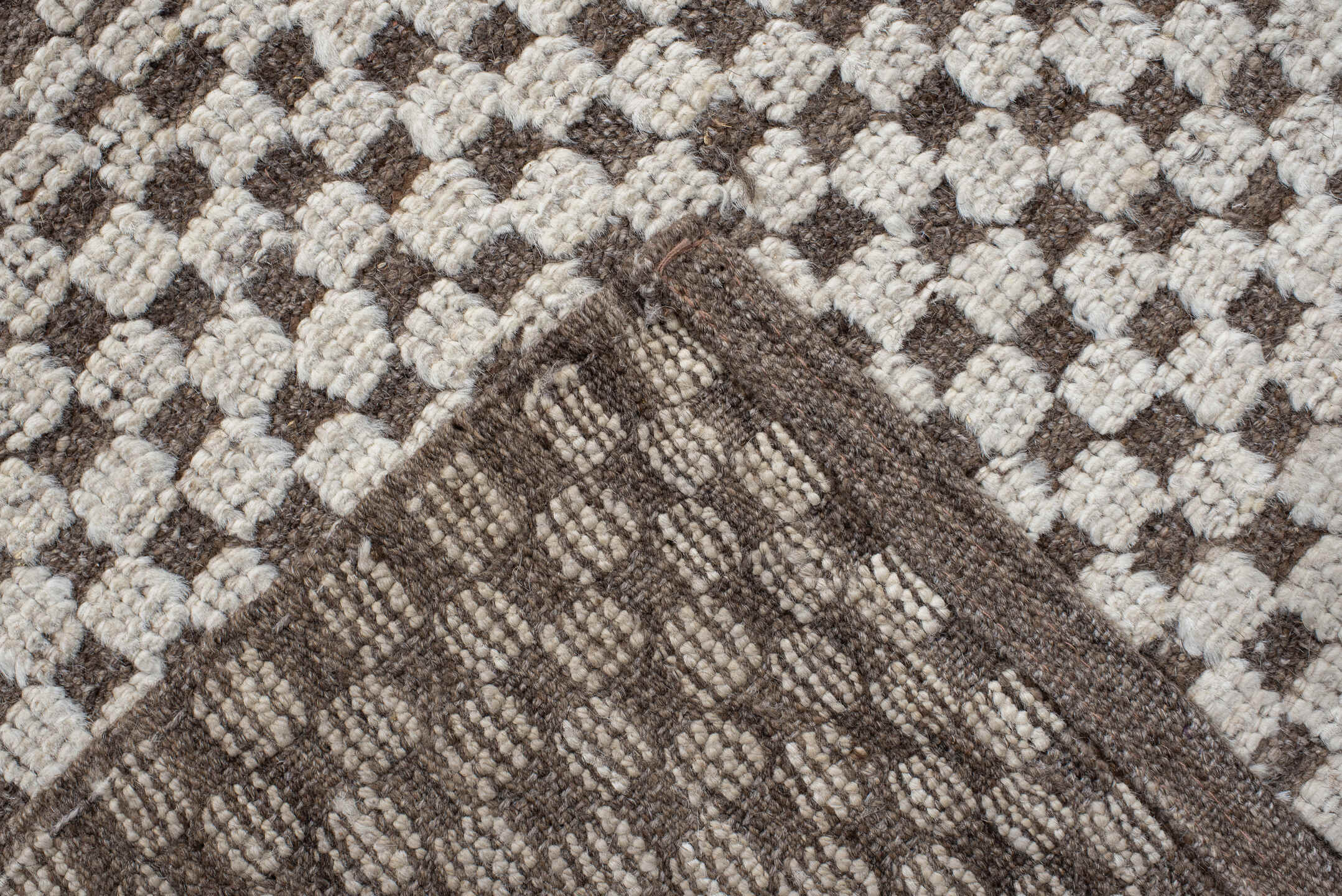 9' x 11' one-of-a-kind handmade vintage Tulu large size rug. Color palette: ivory, taupe, brown, beige, gray