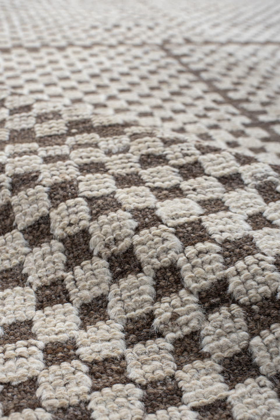 9' x 11' one-of-a-kind handmade vintage Tulu large size rug. Color palette: ivory, taupe, brown, beige, gray