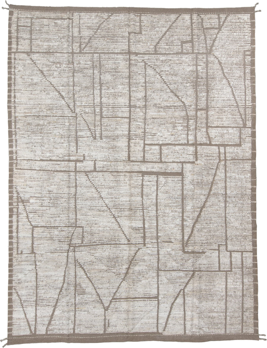 9' x 12' one-of-a-kind handmade vintage Tulu large size rug. Color palette: ivory, taupe, cream, greige, beige, gray