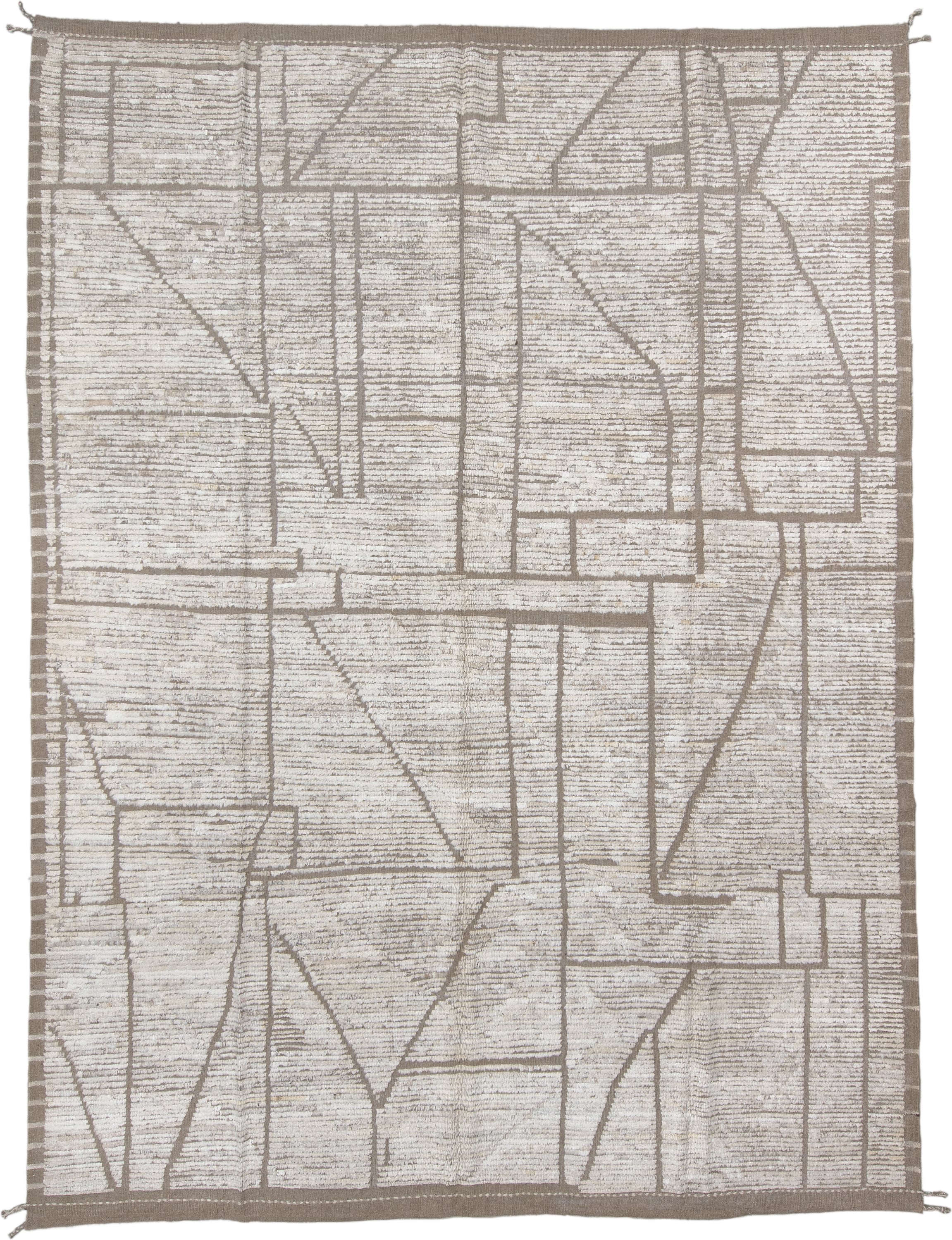 9' x 12' one-of-a-kind handmade vintage Tulu large size rug. Color palette: ivory, taupe, cream, greige, beige, gray