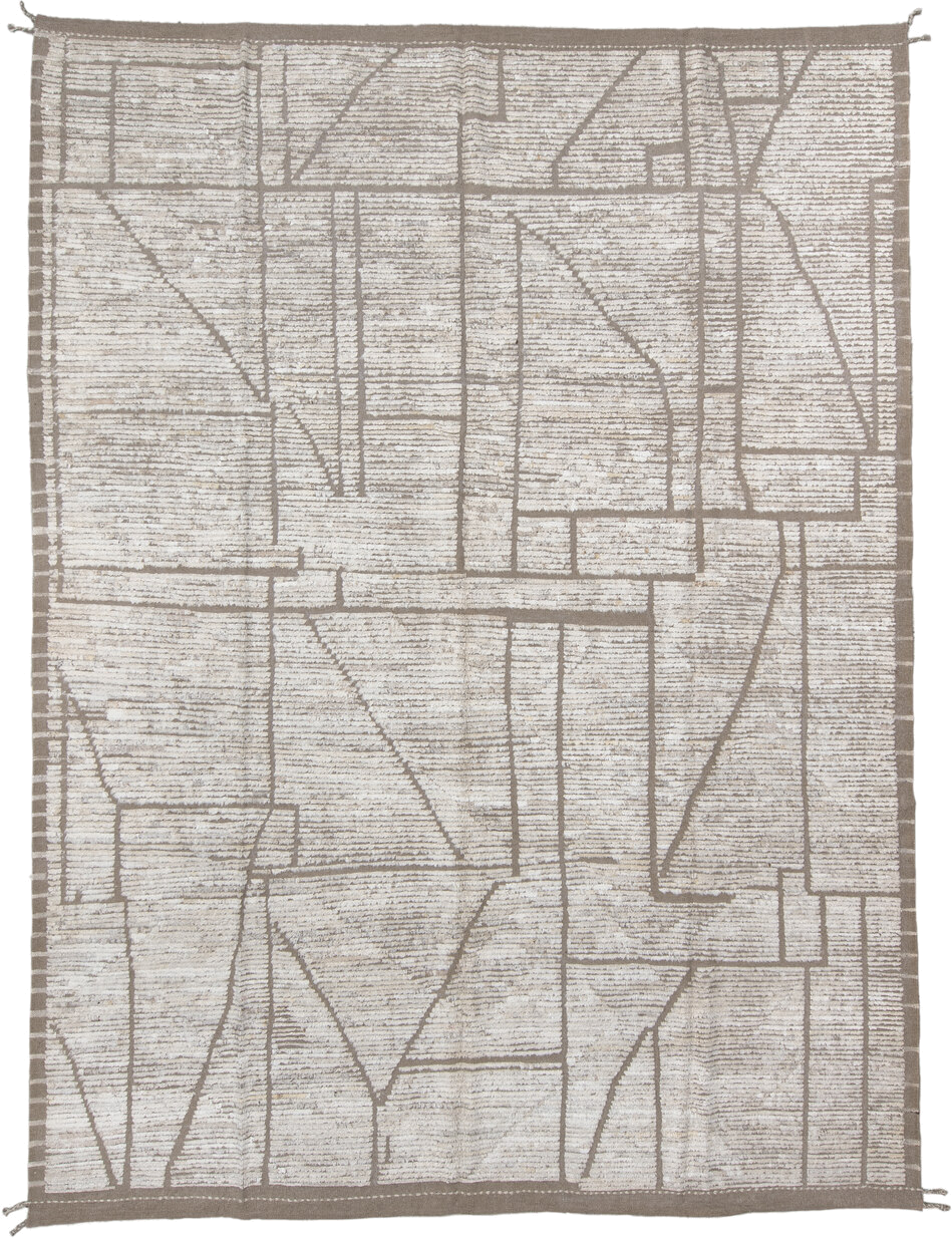 9' x 12' one-of-a-kind handmade vintage Tulu large size rug. Color palette: ivory, taupe, cream, greige, beige, gray