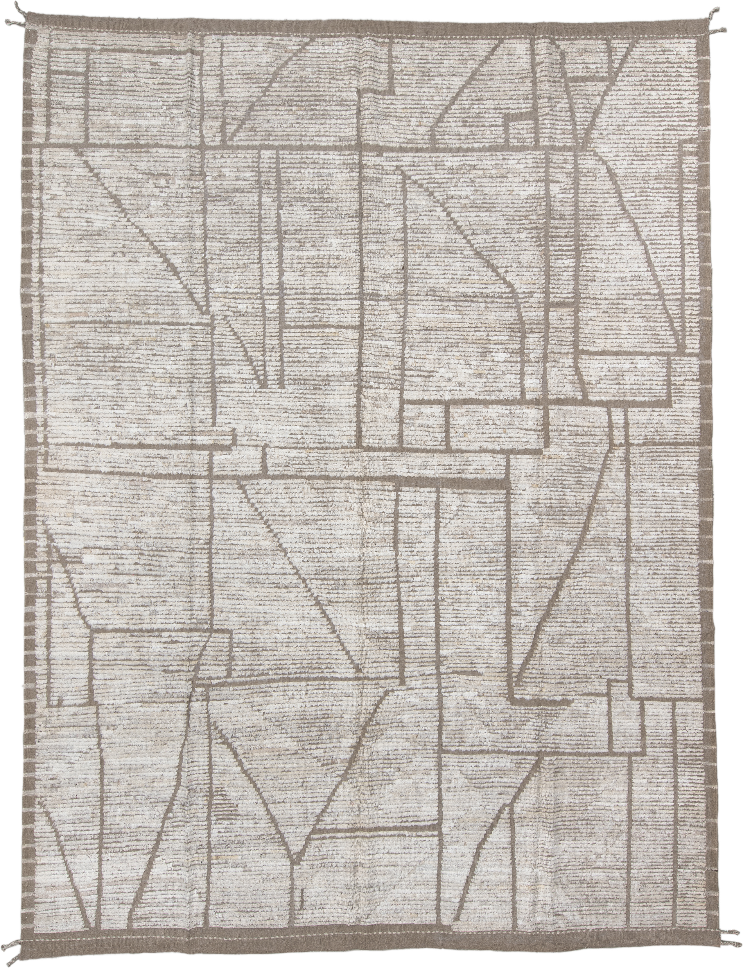 9' x 12' one-of-a-kind handmade vintage Tulu large size rug. Color palette: ivory, taupe, cream, greige, beige, gray