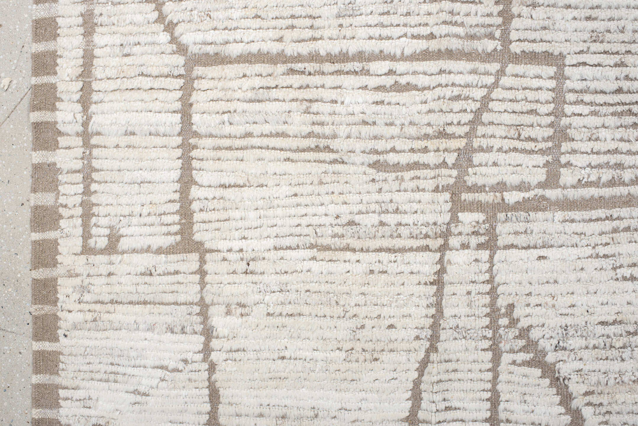 9' x 12' one-of-a-kind handmade vintage Tulu large size rug. Color palette: ivory, taupe, cream, greige, beige, gray