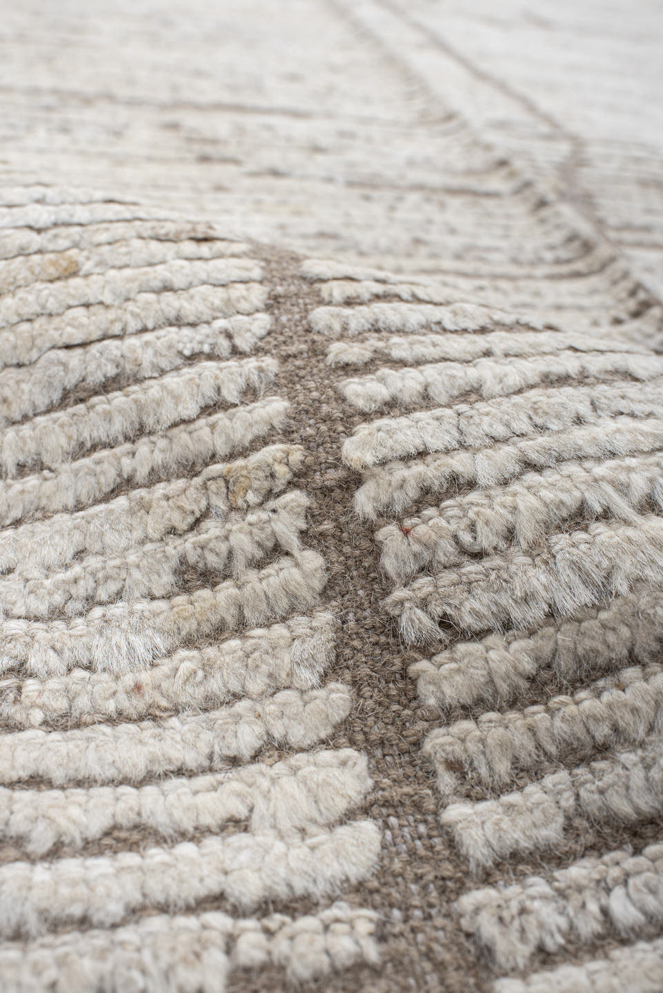 9' x 12' one-of-a-kind handmade vintage Tulu large size rug. Color palette: ivory, taupe, cream, greige, beige, gray