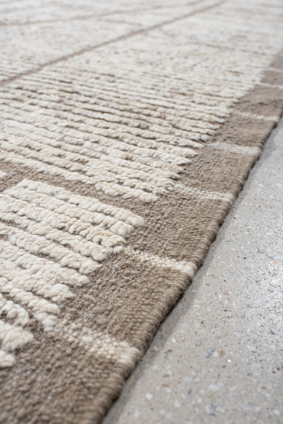 9' x 12' one-of-a-kind handmade vintage Tulu large size rug. Color palette: ivory, taupe, cream, greige, beige, gray