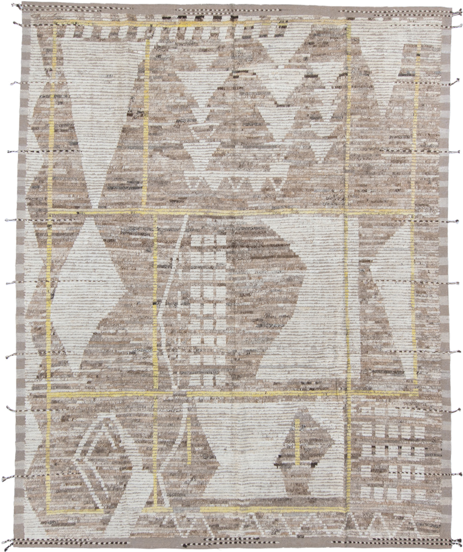 9' x 11' one-of-a-kind handmade vintage Tulu large size rug. Color palette: ivory, taupe, beige, pale_yellow, brown, gray