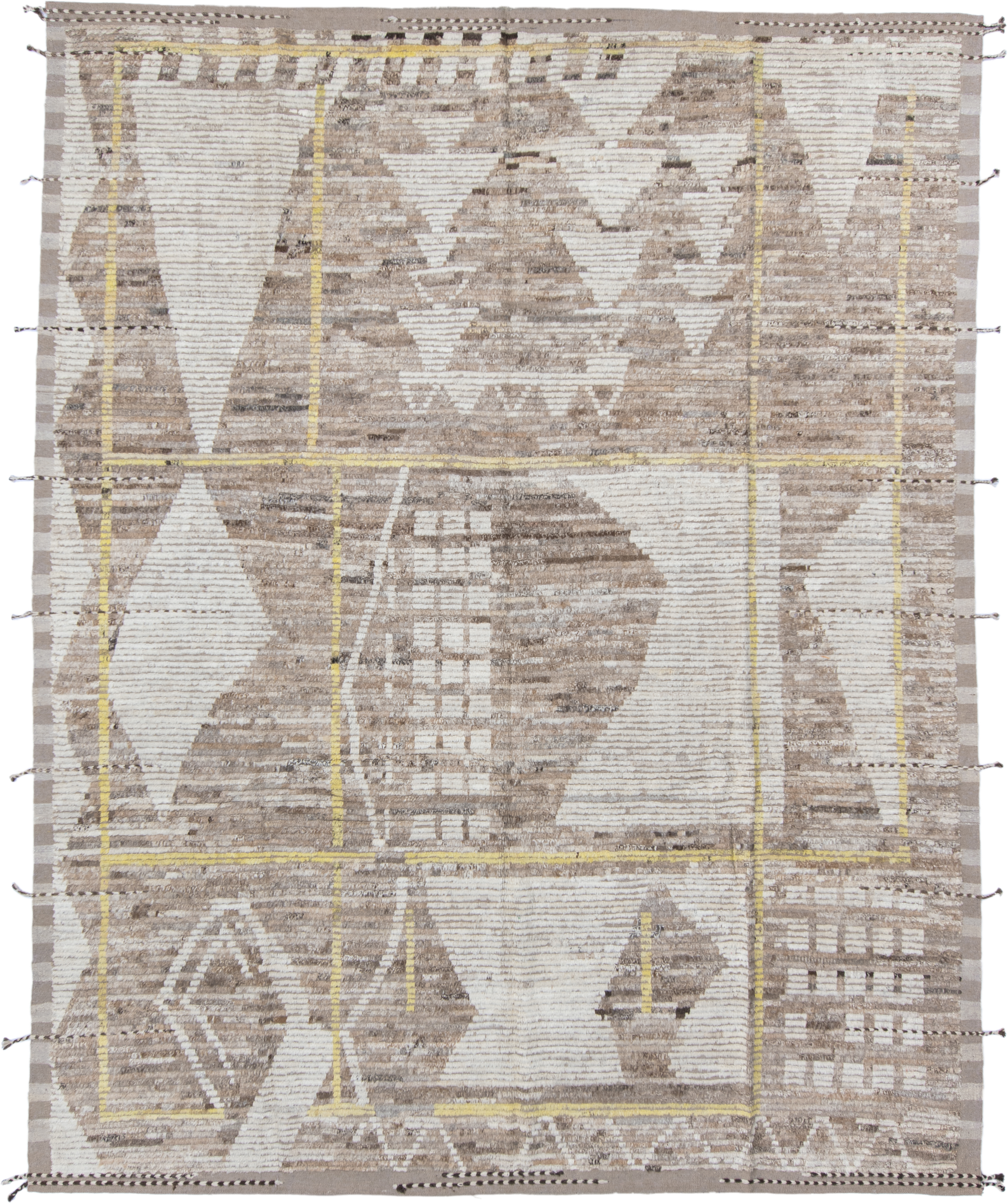 9' x 11' one-of-a-kind handmade vintage Tulu large size rug. Color palette: ivory, taupe, beige, pale_yellow, brown, gray