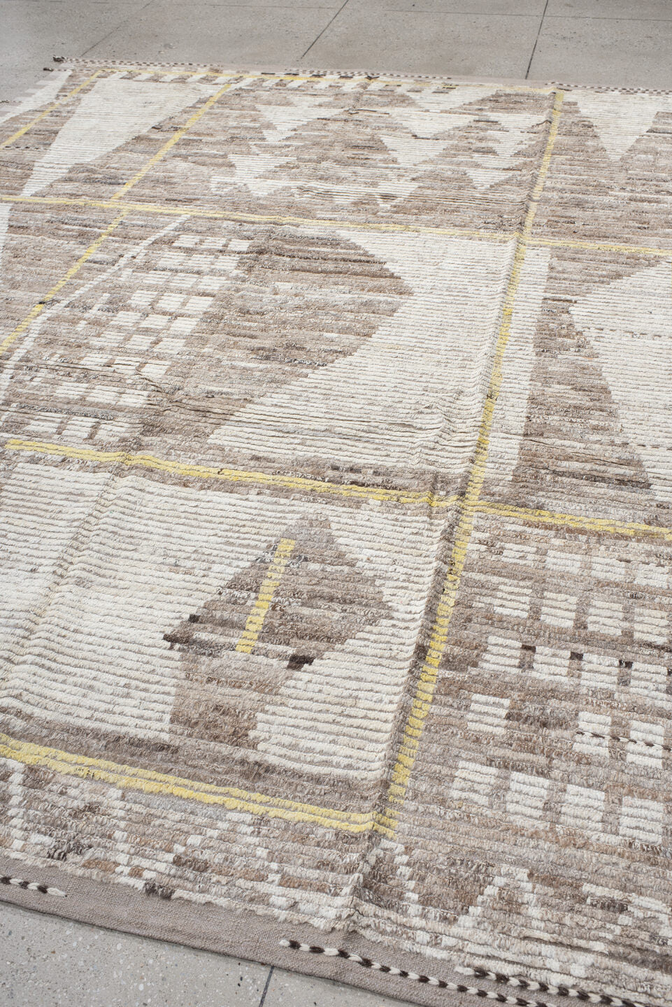 9' x 11' one-of-a-kind handmade vintage Tulu large size rug. Color palette: ivory, taupe, beige, pale_yellow, brown, gray