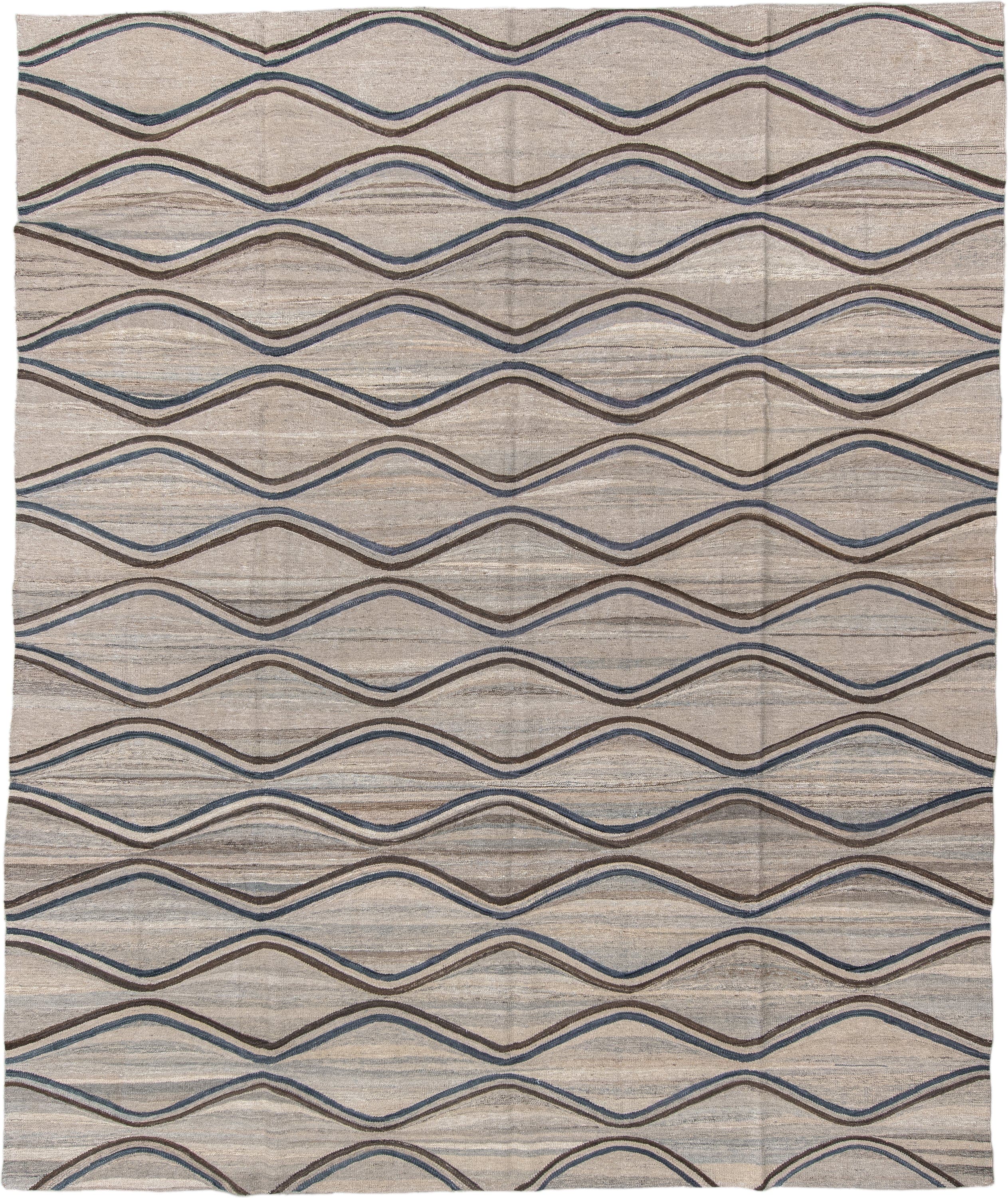 9' x 11' one-of-a-kind handmade vintage Kilim large size rug. Color palette: ivory, taupe, slate, brown, charcoal, beige