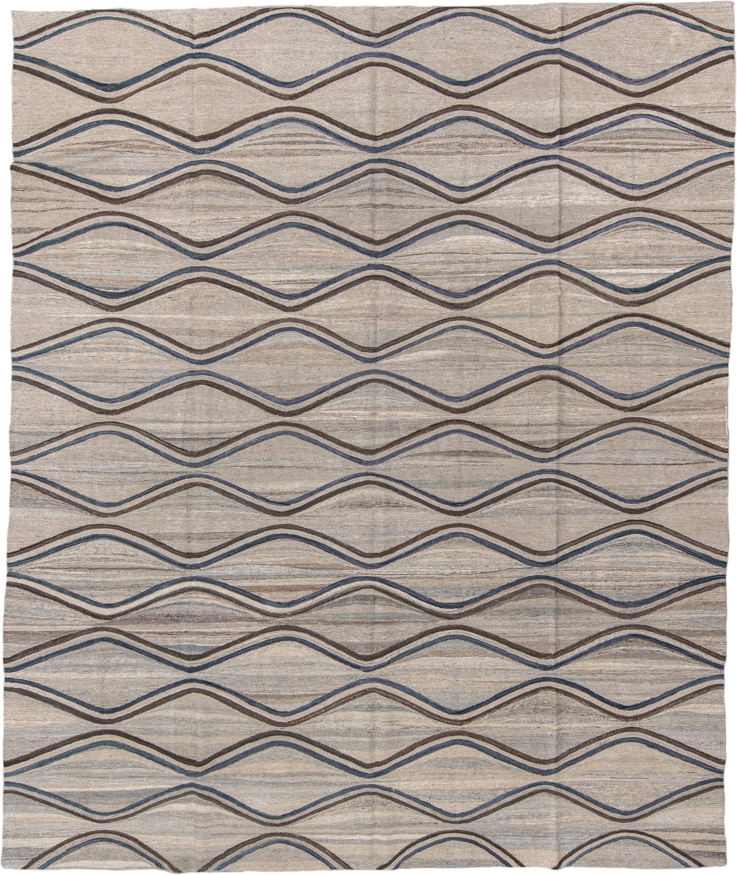 9' x 11' one-of-a-kind handmade vintage Kilim large size rug. Color palette: ivory, taupe, slate, brown, charcoal, beige