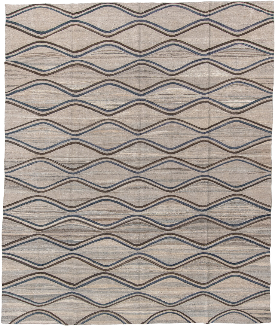 9' x 11' one-of-a-kind handmade vintage Kilim large size rug. Color palette: ivory, taupe, slate, brown, charcoal, beige