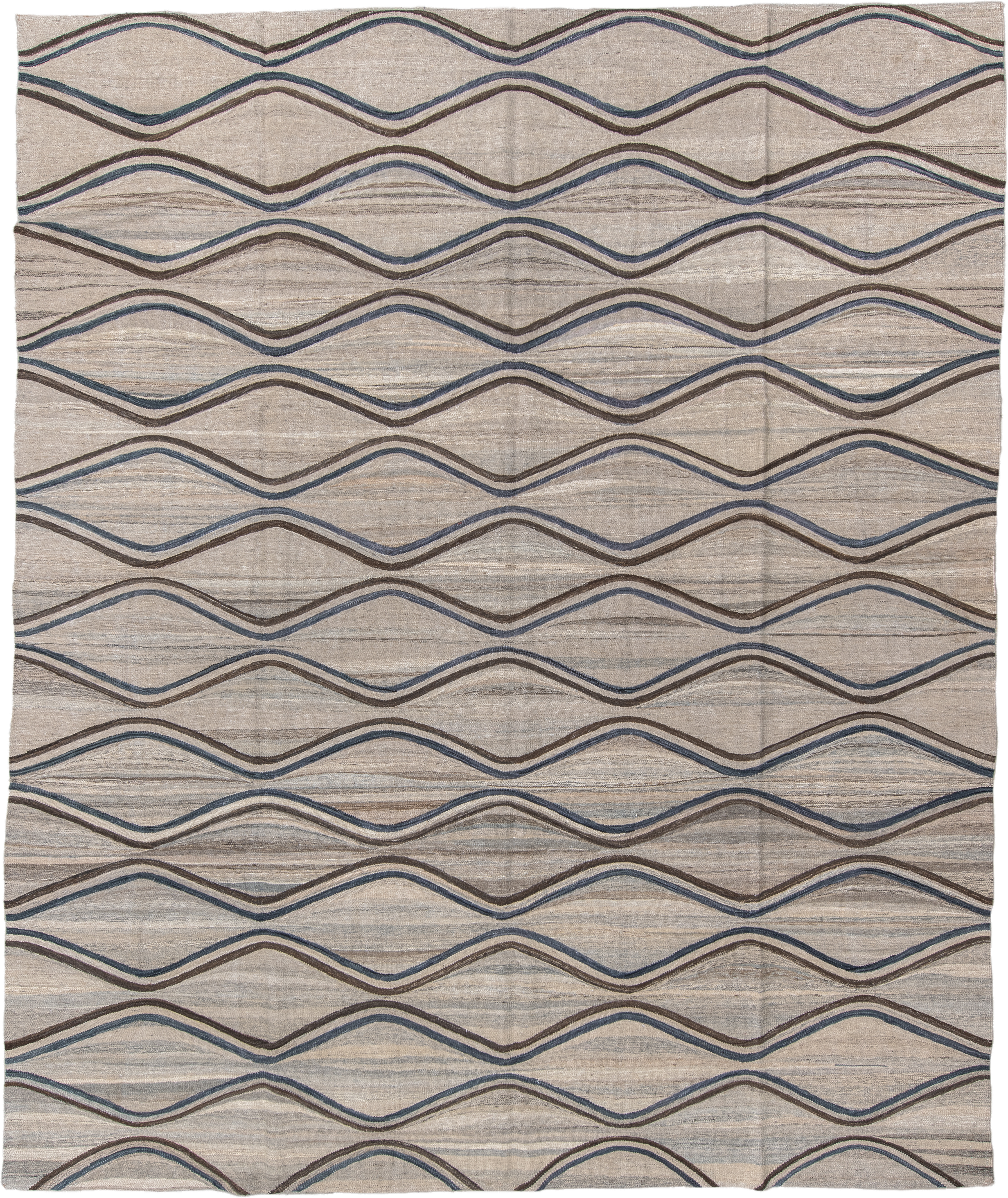 9' x 11' one-of-a-kind handmade vintage Kilim large size rug. Color palette: ivory, taupe, slate, brown, charcoal, beige