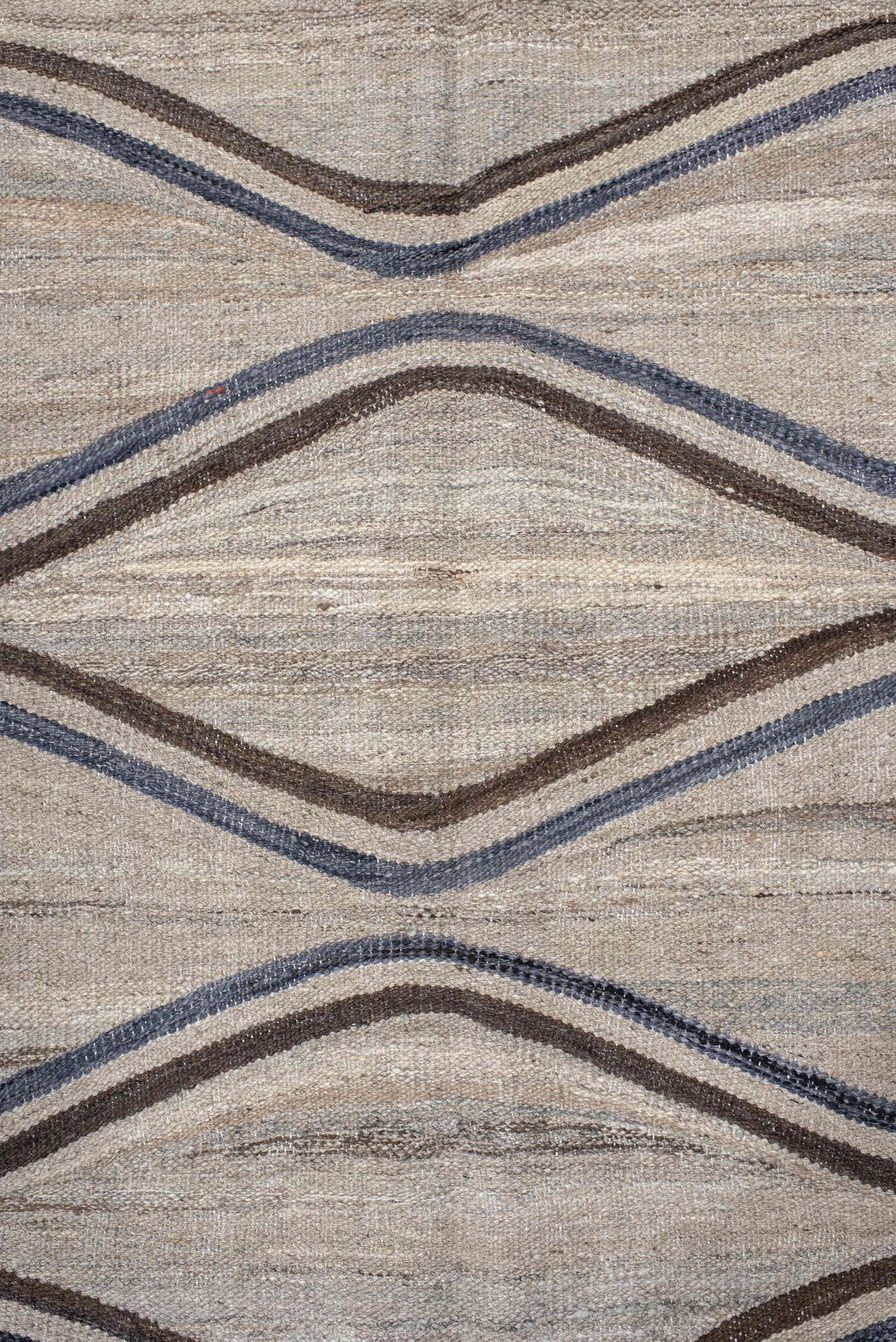 9' x 11' one-of-a-kind handmade vintage Kilim large size rug. Color palette: ivory, taupe, slate, brown, charcoal, beige