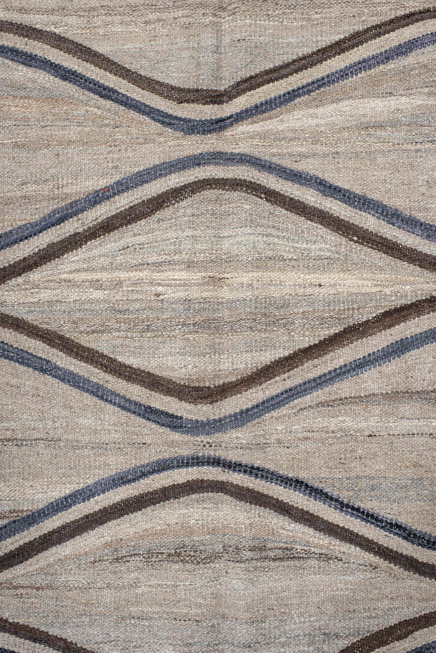 9' x 11' one-of-a-kind handmade vintage Kilim large size rug. Color palette: ivory, taupe, slate, brown, charcoal, beige