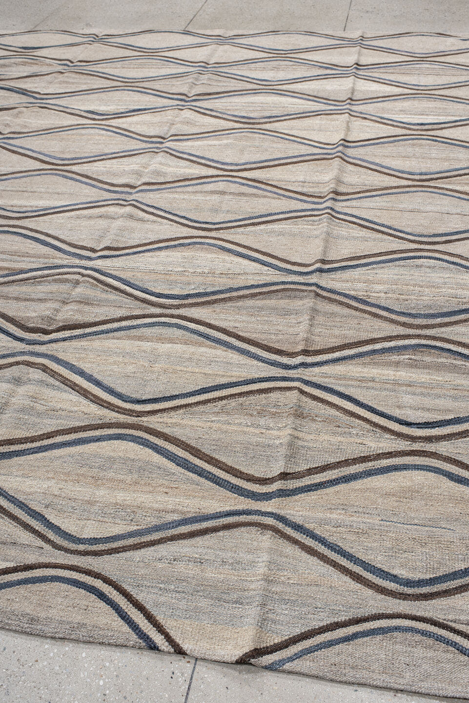 9' x 11' one-of-a-kind handmade vintage Kilim large size rug. Color palette: ivory, taupe, slate, brown, charcoal, beige