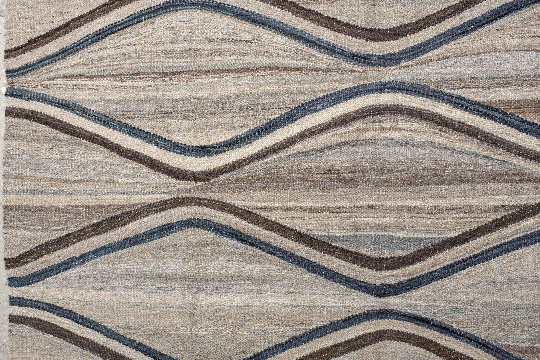 9' x 11' one-of-a-kind handmade vintage Kilim large size rug. Color palette: ivory, taupe, slate, brown, charcoal, beige