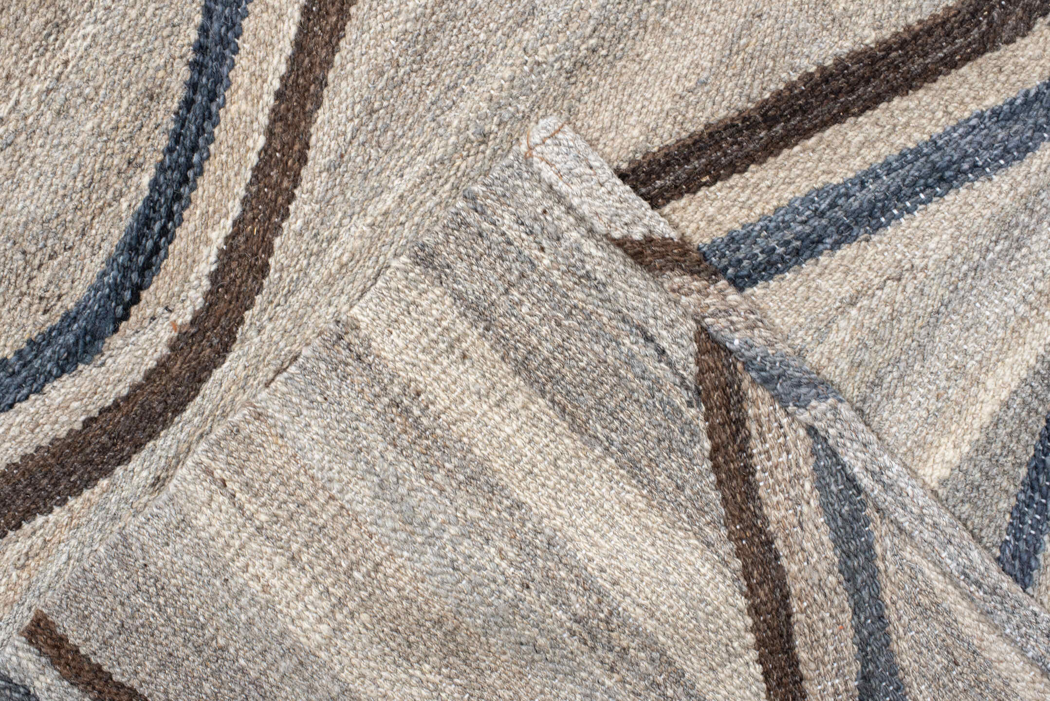 9' x 11' one-of-a-kind handmade vintage Kilim large size rug. Color palette: ivory, taupe, slate, brown, charcoal, beige