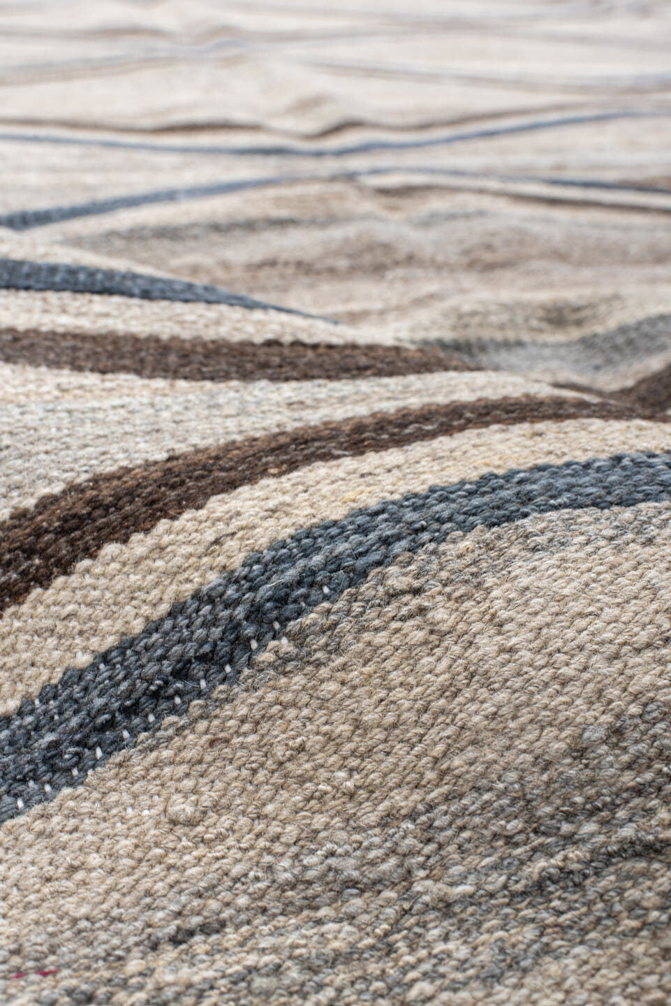 9' x 11' one-of-a-kind handmade vintage Kilim large size rug. Color palette: ivory, taupe, slate, brown, charcoal, beige