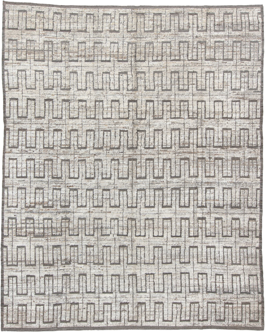9' x 11' one-of-a-kind handmade vintage Tulu large size rug. Color palette: ivory, taupe, gray, charcoal, beige, black