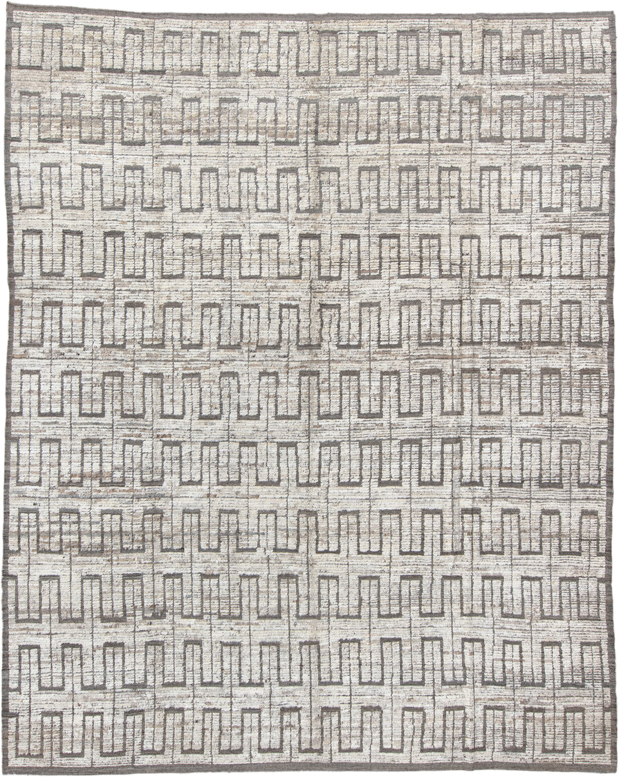 9' x 11' one-of-a-kind handmade vintage Tulu large size rug. Color palette: ivory, taupe, gray, charcoal, beige, black