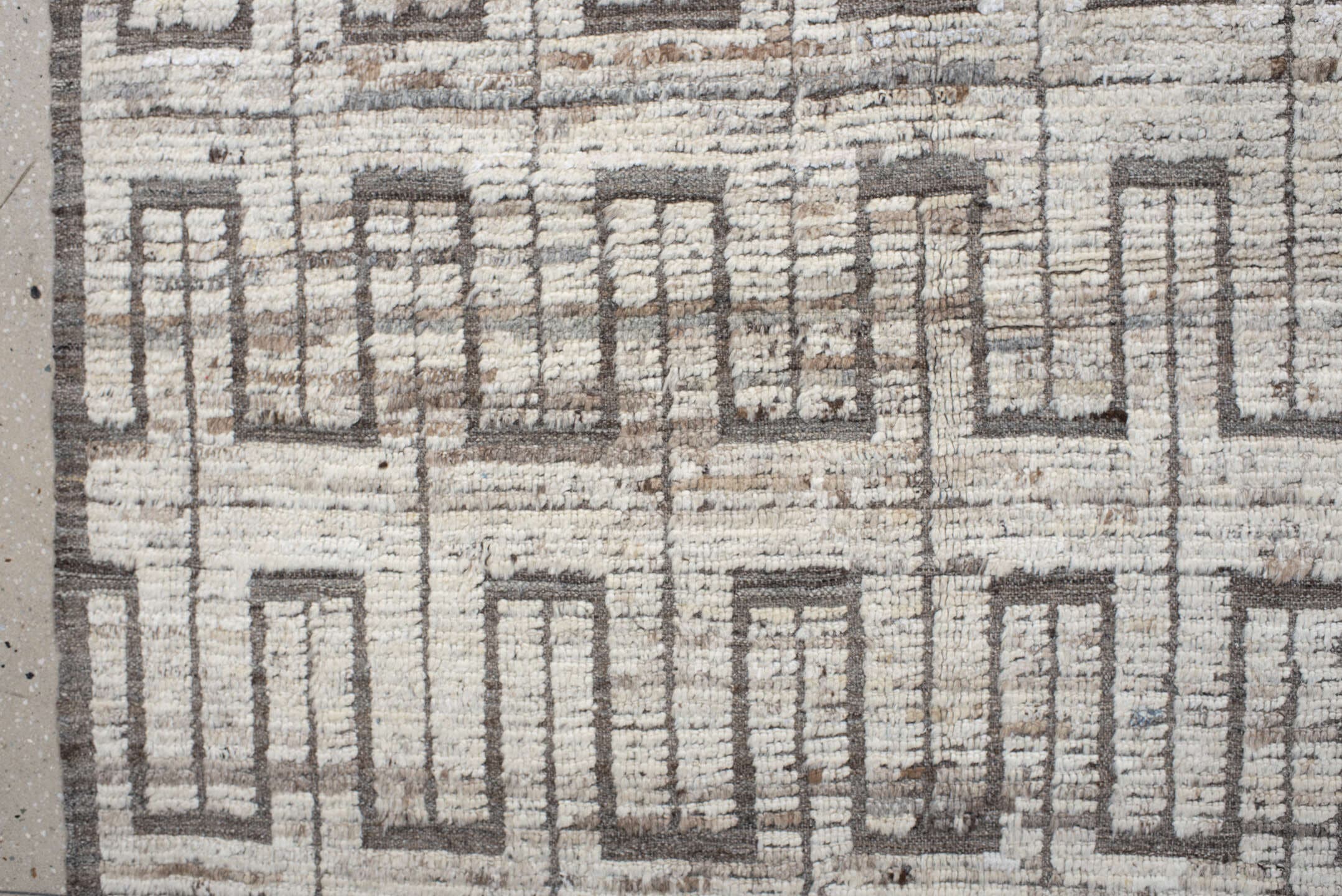9' x 11' one-of-a-kind handmade vintage Tulu large size rug. Color palette: ivory, taupe, gray, charcoal, beige, black