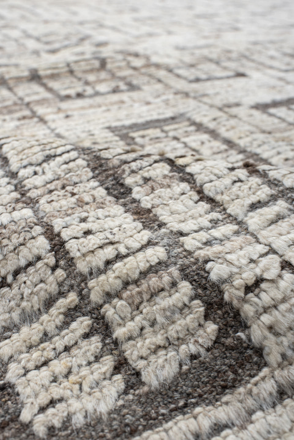 9' x 11' one-of-a-kind handmade vintage Tulu large size rug. Color palette: ivory, taupe, gray, charcoal, beige, black