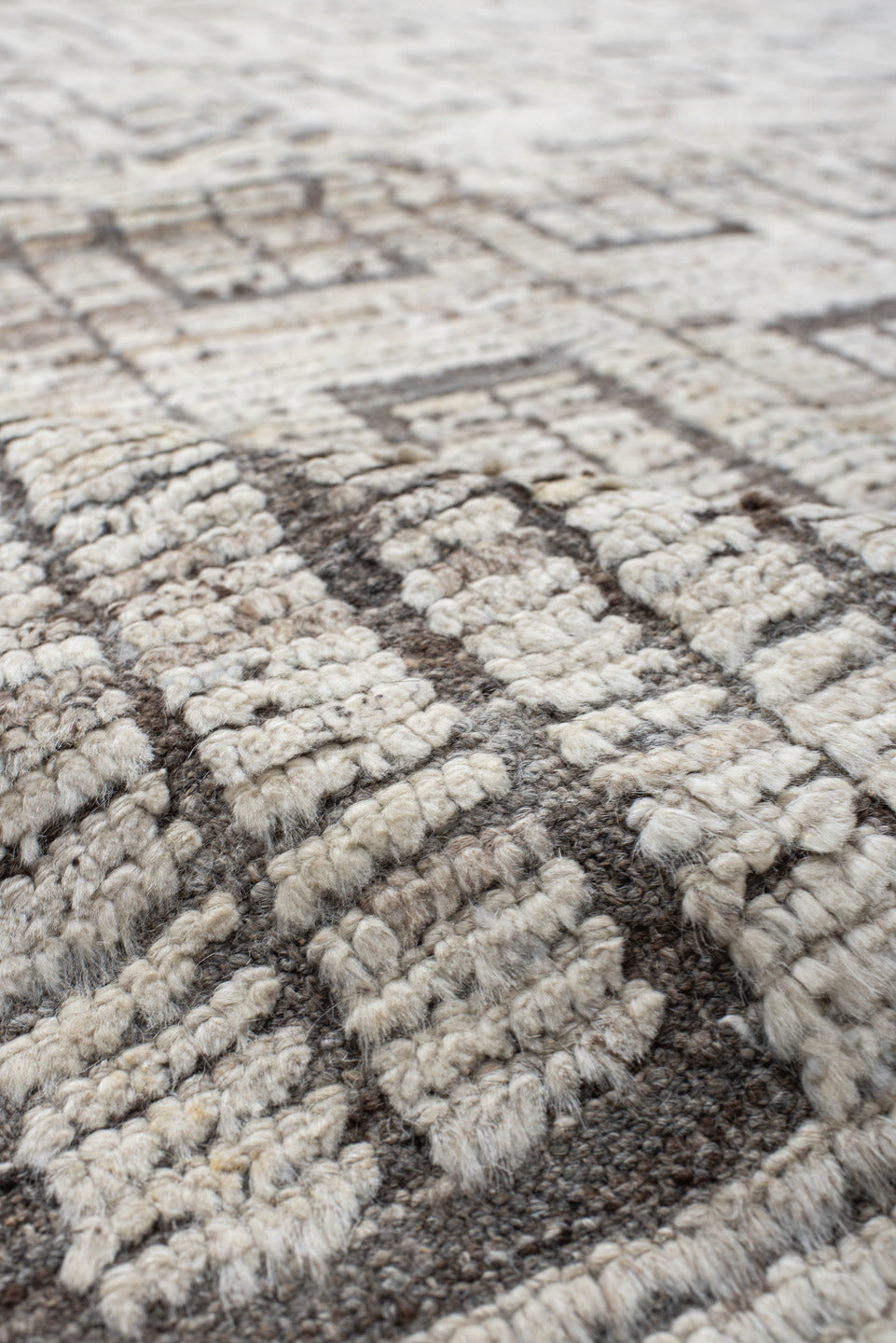 9' x 11' one-of-a-kind handmade vintage Tulu large size rug. Color palette: ivory, taupe, gray, charcoal, beige, black