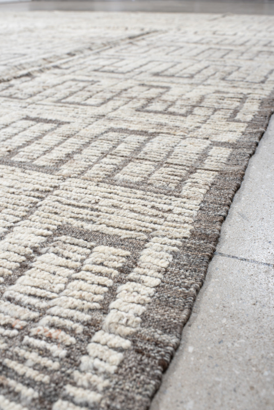 9' x 11' one-of-a-kind handmade vintage Tulu large size rug. Color palette: ivory, taupe, gray, charcoal, beige, black