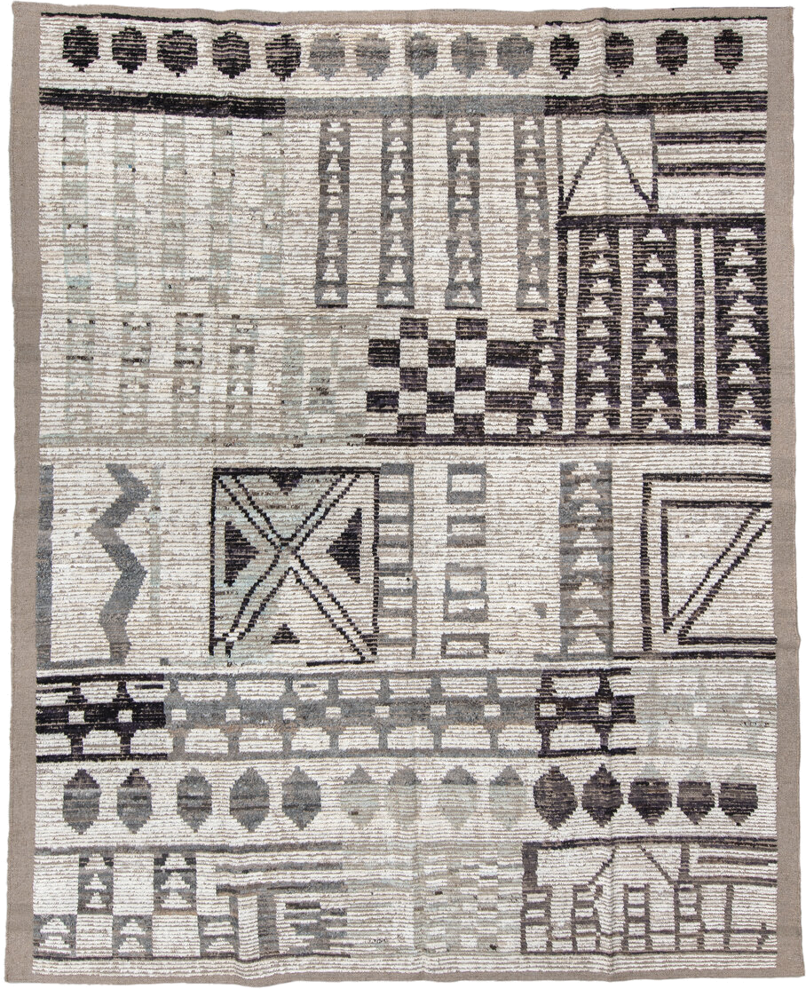 8' x 10' one-of-a-kind handmade vintage Tulu large size rug. Color palette: ivory, taupe, gray, charcoal, cream, beige