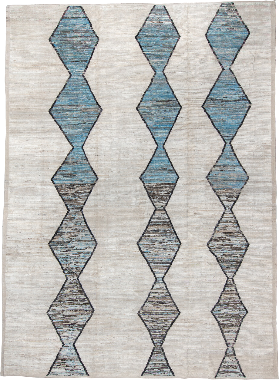 11' x 15' one-of-a-kind handmade vintage Tulu oversize rug. Color palette: ivory, sky blue, taupe, charcoal, cream