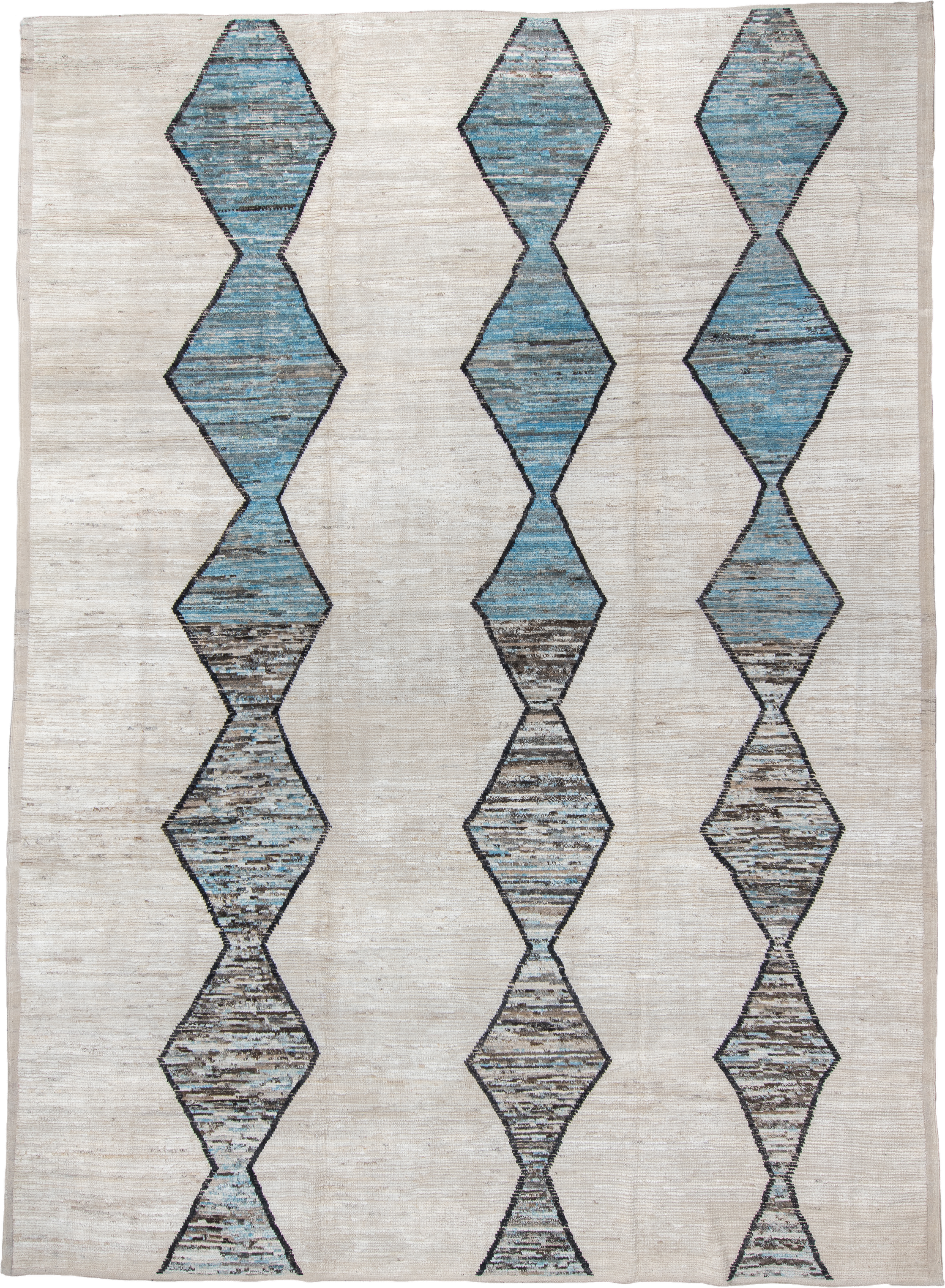 11' x 15' one-of-a-kind handmade vintage Tulu oversize rug. Color palette: ivory, sky blue, taupe, charcoal, cream