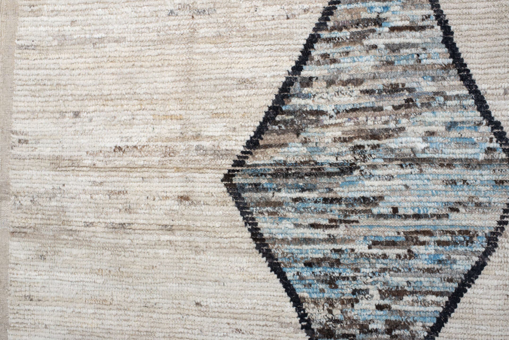 11' x 15' one-of-a-kind handmade vintage Tulu oversize rug. Color palette: ivory, sky blue, taupe, charcoal, cream