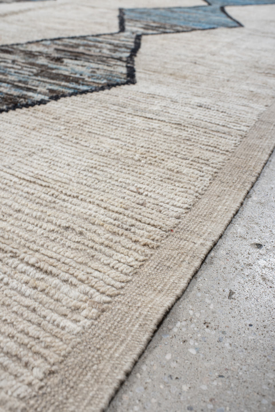 11' x 15' one-of-a-kind handmade vintage Tulu oversize rug. Color palette: ivory, sky blue, taupe, charcoal, cream