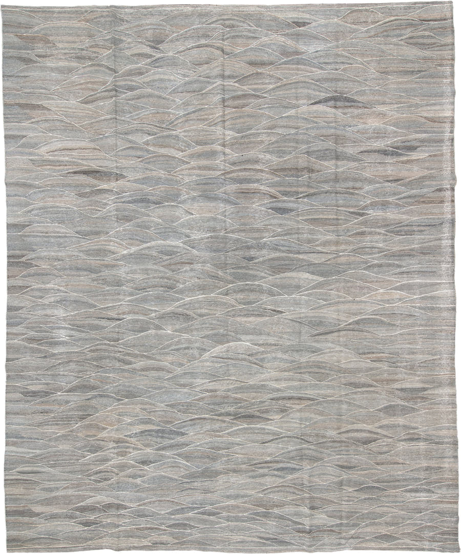 12' x 15' one-of-a-kind handmade vintage Kilim oversize rug. Color palette: gray, taupe, ivory, beige, slate
