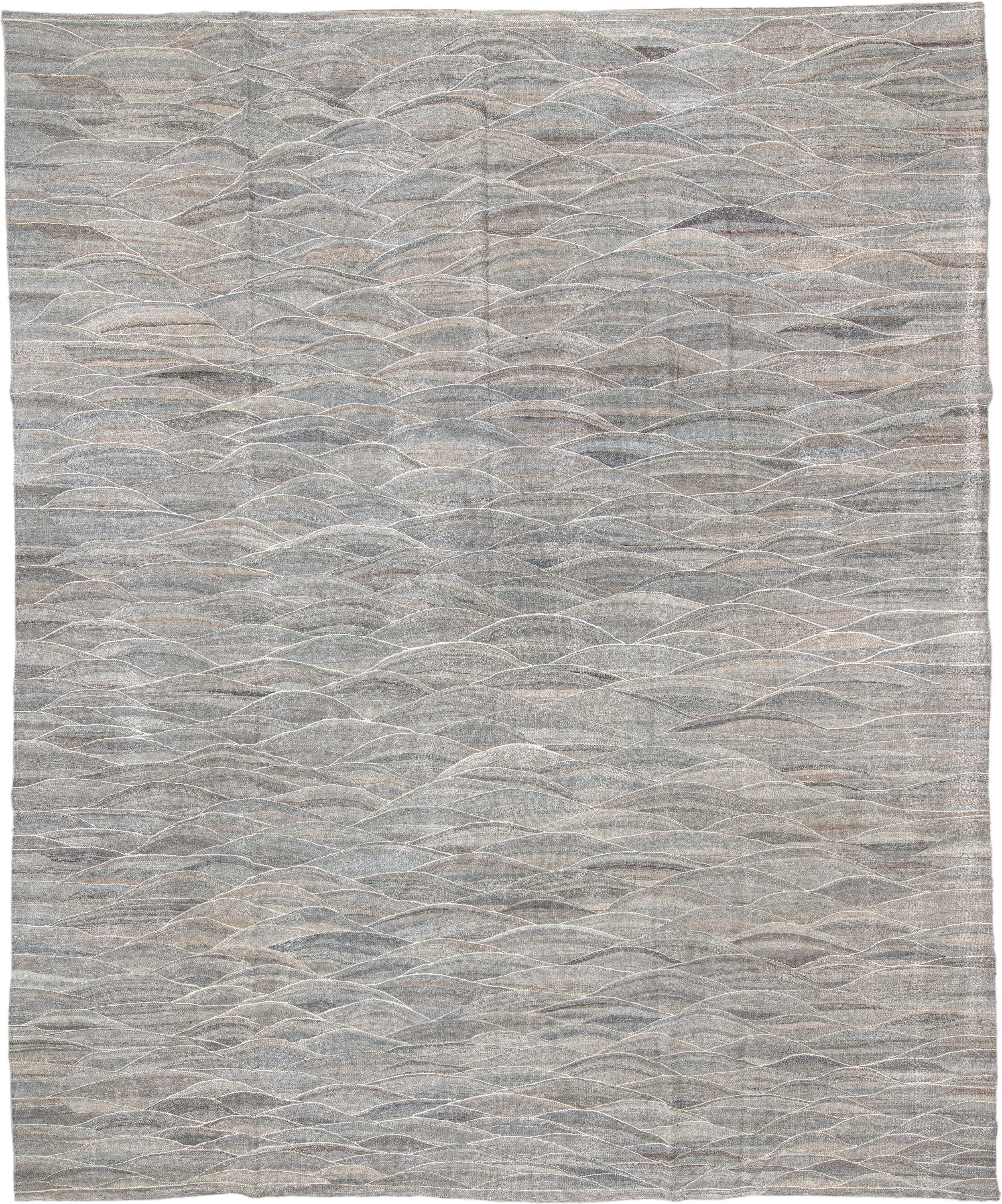 12' x 15' one-of-a-kind handmade vintage Kilim oversize rug. Color palette: gray, taupe, ivory, beige, slate